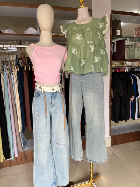 Women Rib Drawn-String Wide Leg Jeans